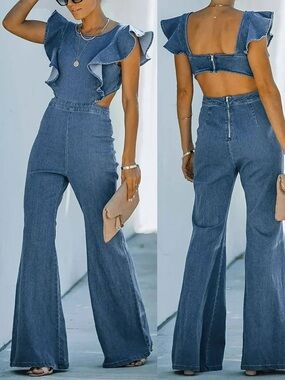 Flying Tomato Flared Stretch Denim Jumpsuit Ruffled Sleeves Side Cut Outs medium